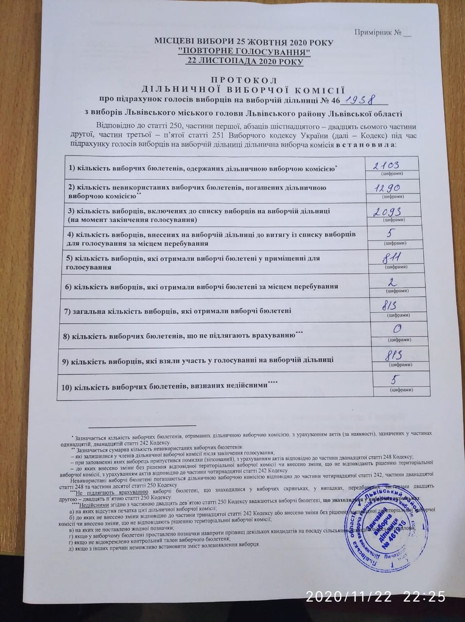 Протокол результатів голосування на виборчій дільниці № 461938