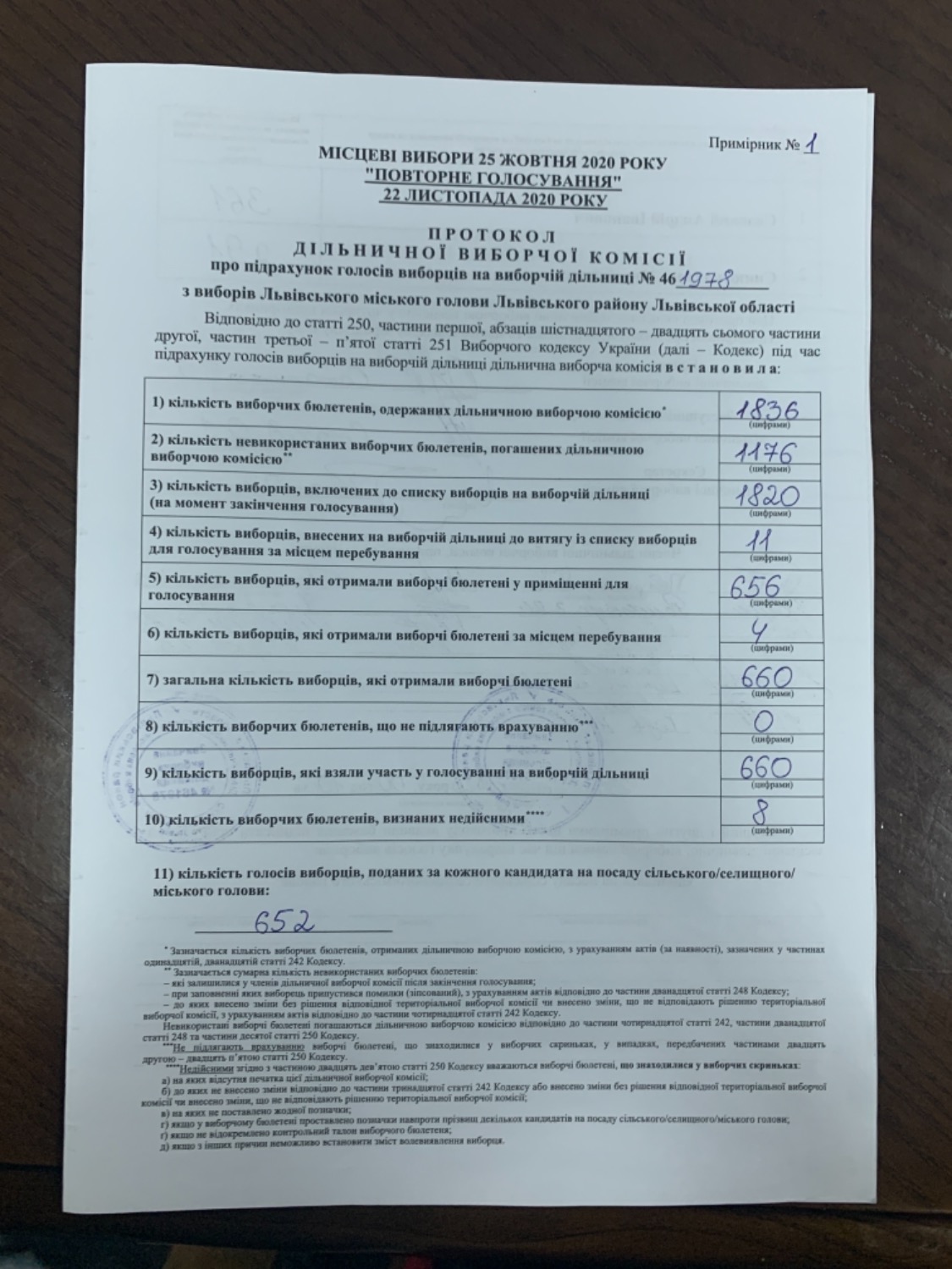 Протокол результатів голосування на виборчій дільниці № 461978
