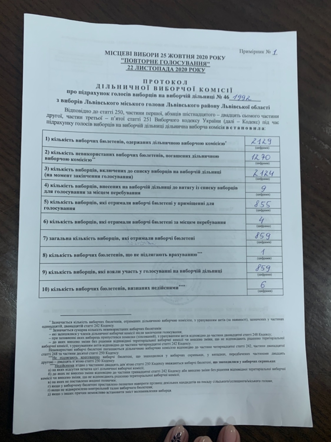 Протокол результатів голосування на виборчій дільниці № 461992