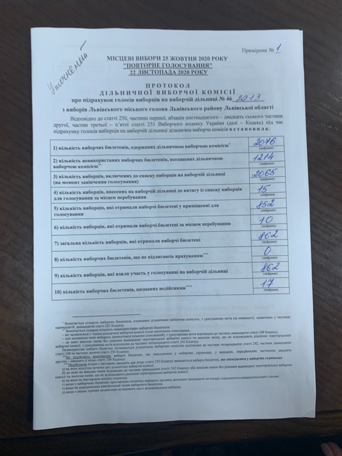 Протокол результатів голосування на виборчій дільниці № 462013